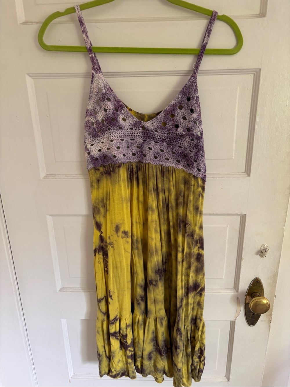 Sleeveless Tie-Dye Midi Dress with Crochet Bodice - Purple & Yellow
